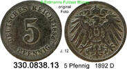 Deutschland Kaiserreich 5 Pfennig 1892D  1892 D J.12 großer Adler . 330.... 8.37 元 含增值税 ＋  399.53 元 运费