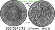 Deutschland Kaiserreich 5 Pfennig 1893E  1893 E J.12 großer Adler . 330.... 8.37 元 含增值税 ＋  399.53 元 运费