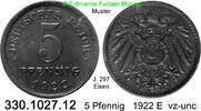 Deutschland Ersatzmünzen 5 Pfennig 1922E  1922 E J.297 Eisen . 330.1027.... 31.28 元 含增值税 ＋  398.30 元 运费