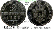 Brandenburg-Preußen 2 Pfenninge 1852A AKS 91 . 323.2231.13 . ss 25.10 元 含增值税 ＋  399.53 元 运费