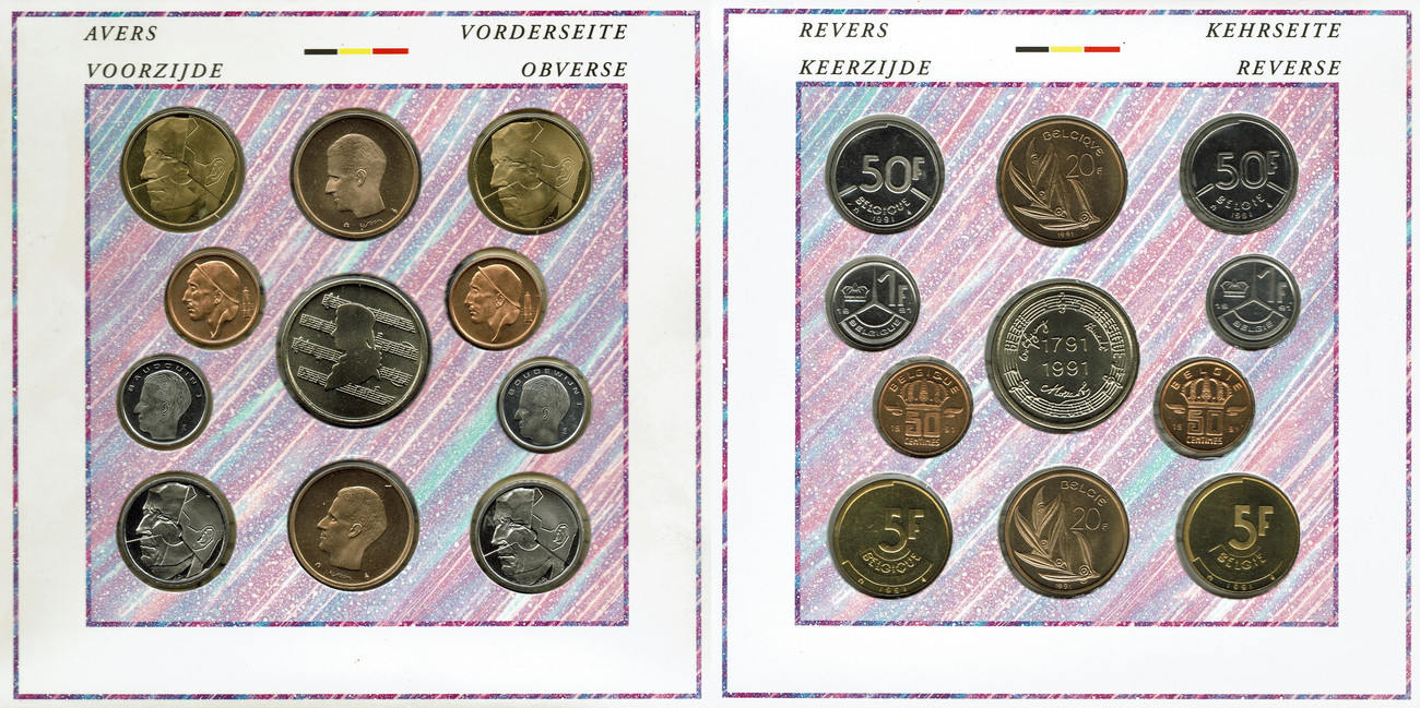 franc bis 50 francs (10 münzen) 1991 belgien belgium (belgique)