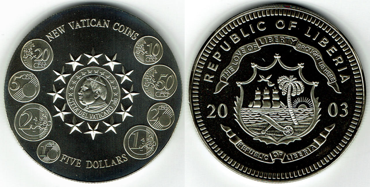 5 dollars 2003 liberia liberia, 5 dollars new vatican coins