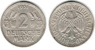 BRD 2 Mark 2 DM 1951 G, Weinblatt und Weintraube, sehr schön! -