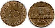 Saarland 20 Francs Saarland, Kursmünze 20 Francs 1954, Erhaltung siehe Scan -