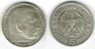 Drittes Reich 5 Reichsmark Drittes Reich, 5 Reichsmark Hindenburg ohne HK, 13,89 g 900er Silber -
