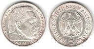 Drittes Reich 5 Reichsmark Drittes Reich, 5 Reichsmark Hindenburg ohne HK, 13,89 g 900er Silber! -