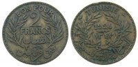 Tunesien Franz. 2 Francs AlBr Mohamed El-Naceur, Bey (1906-1922), Gad.91 Schön 39,Randstoß -