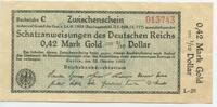 Deutsches Reich Weimar 0.42 Goldmark - ⅒ Dollar Banknote Paper Money GB668 - Schatzanweisung des Deutschen Reichs Wertbeständig -