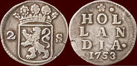Holland Dubbele wapenstuiver NOORDELIJKE NEDERLANDEN (NETHERLANDS) - REPUBLIEK, 1581-1795 - HOLLAND - 1753, Dordrecht -