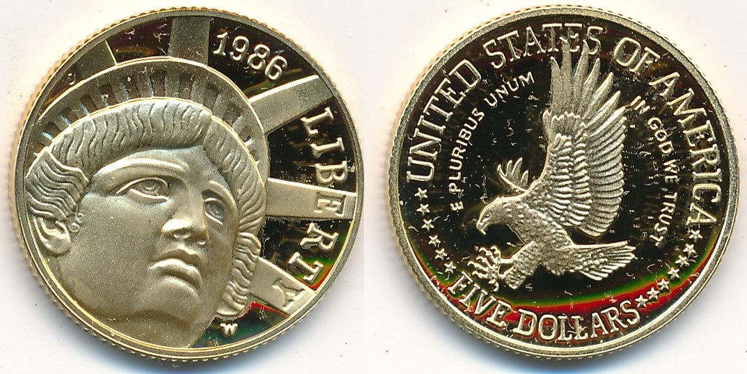5 dollars 1986 usa statue of liberty centennial coin. proof