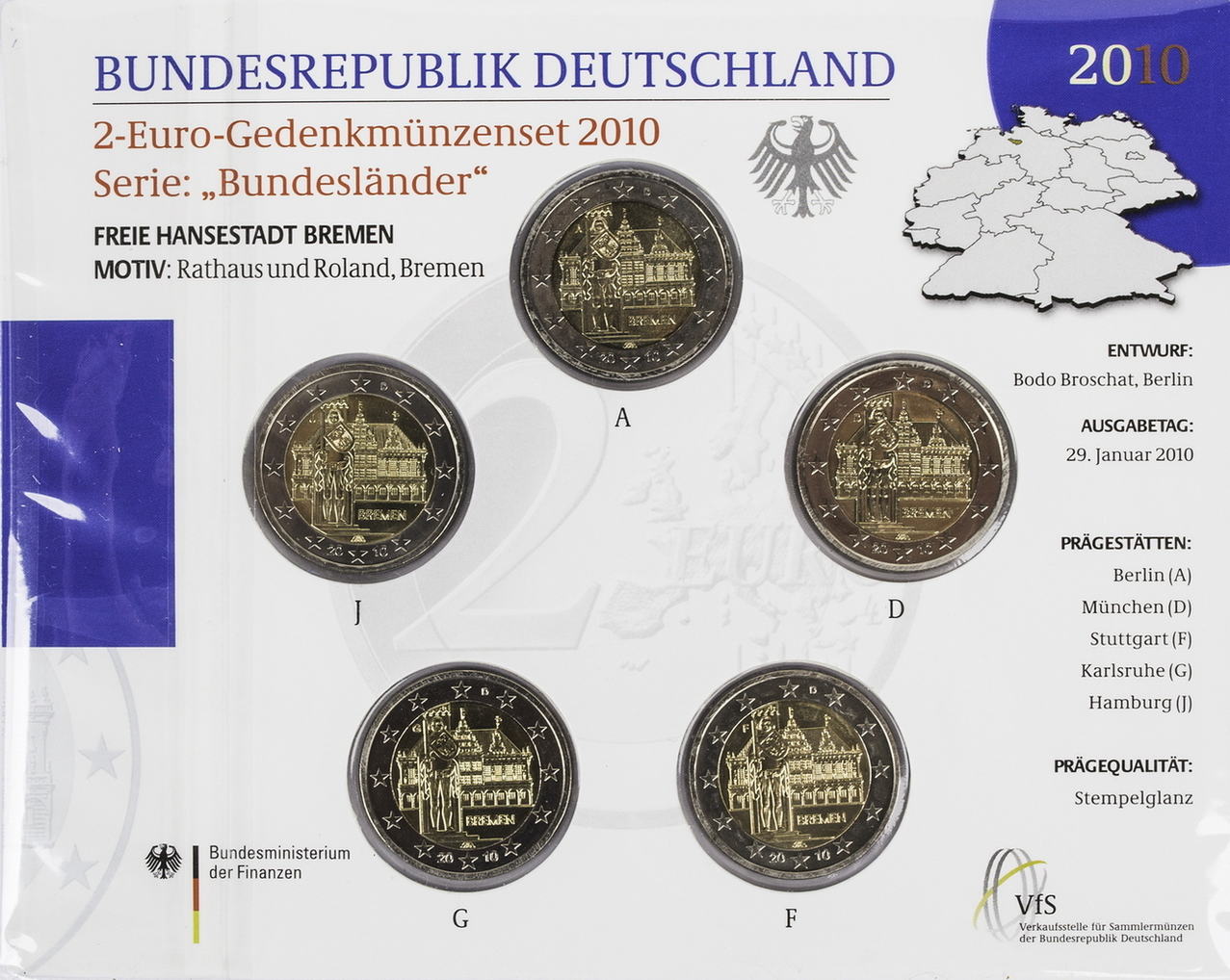 Bundesrepublik Deutschland 10 Euro (5 X 2) 2 Euro Gedenkmünzenset 2010 ...