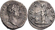 Römische Kaiserzeit Denar Hadrianus, Kopf / SALVS AVG, Salus mit Szepter und Patera an Altar -