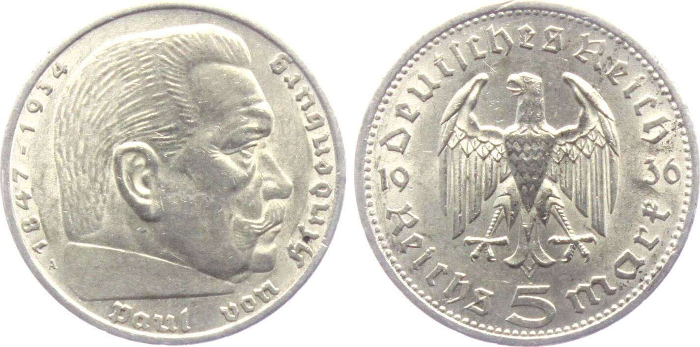 Drittes Reich 5 Reichsmark 1936 A Hindenburg - mit Reichsadler UNC | MA ...