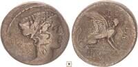 Roman Republic AR denarius T. Carisius Imperatorial Moneyer, Bankers' marks, head of Sibyl / Sphinx -