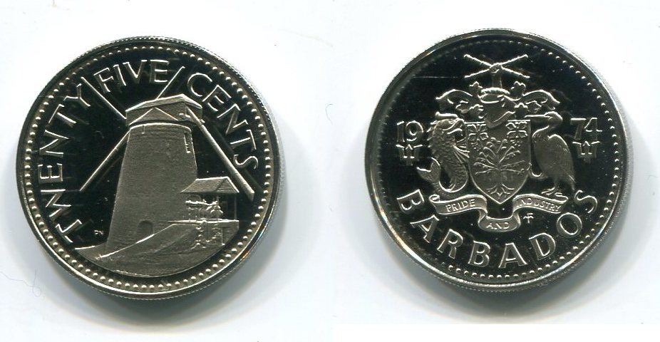 25 cents 1974 barbados ~ windmühle ~ proof