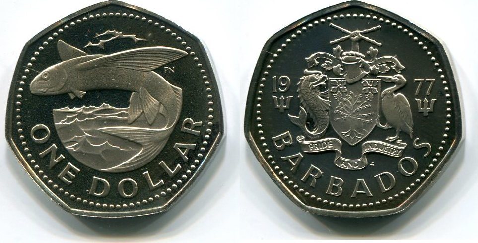 1 dollar 1977 barbados ~ fliegender fisch ~ proof
