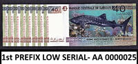 40 Francs Djibouti Commemorative FIRST Prefix LOW Serial AA 0000025 UNC -