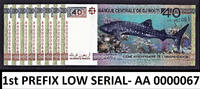 40 Francs Djibouti Commemorative FIRST Prefix LOW Serial AA 0000067 UNC -