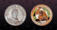 CHAD 1000 Francs CHAD, KM# 29 , Silver, 1000 Francs, 2001, Proof, Orang-Outan. Multicolored. Coin in excellent condition! -