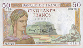 NOTES OF THE BANQUE DE FRANCE 50 francs Banque de France. Billet. Cérès, 20.10.1938, modifié -