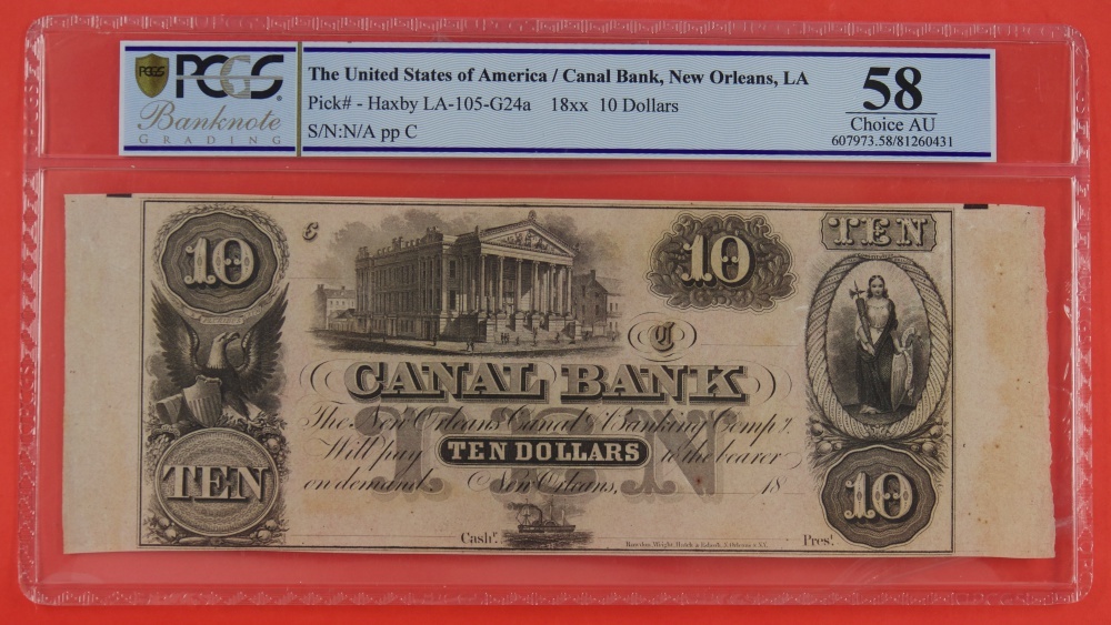 The United States of America 10 Dollars 18xx Canal Bank, New Orleans ...