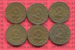 III. Reich, 2 Pfennig Kursmünze mit Hoheitszeichen Jahrgang Komplett mit Reichsadler Swastika all 1937 Mintmarks 6 Stück -