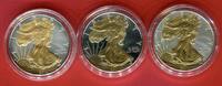 USA 3 x 1 Dollar Silbermünzen Walking Liberty mit Teilvergoldung Konvolut - 3 verschiedene Jahrgänge -