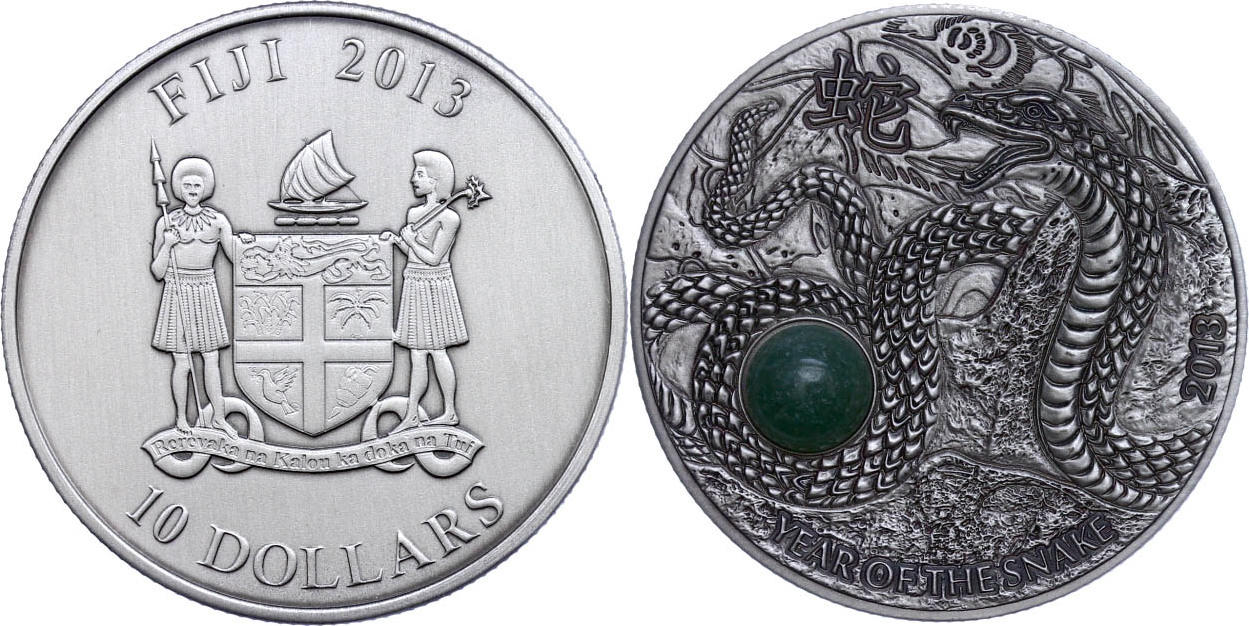 10 dollars fiji 2013, year oh the snake, 999er silver, antique