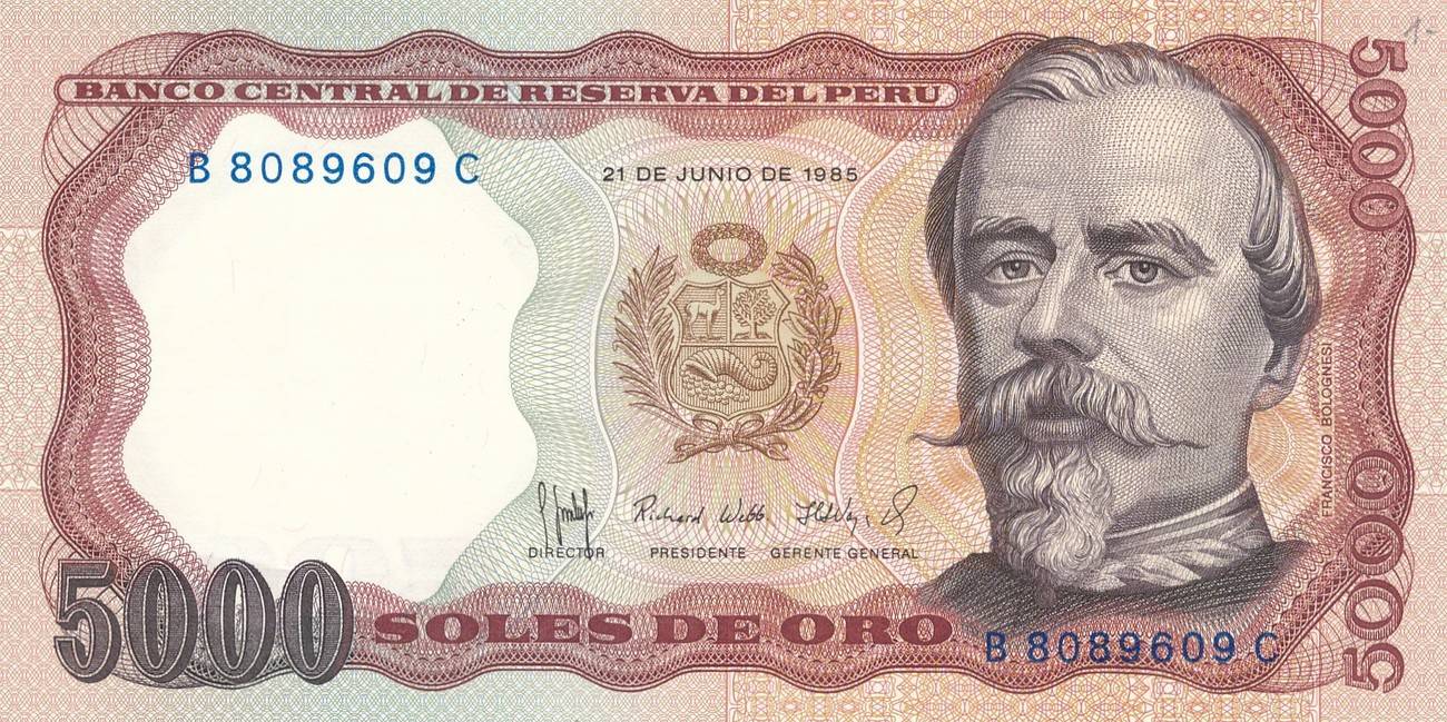 5000 soles de oro 1985 peru unc