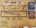Österreich, Drittes Reich Deutschland Paketkarte 2. Weltkrieg Wien, Rückmelden Stempel, 60 Pfennig, 10 Pfennig Briefmarke -