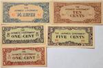 Burma Myanmar Japanese Government 1/4 Rupee, 2* 1, 5, 10 Cent Banknote 5 Stück, Serie BJ, BO, M, BR, B -