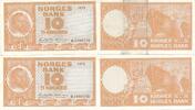 Norwegen 2x 10 kroner Kronen Zwei folgende Serien Nummern, KN: R.1096732-733 -