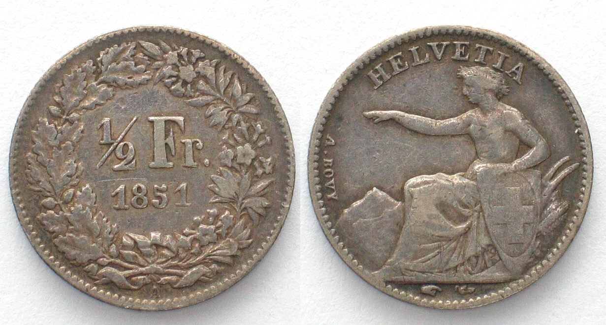 1851 schweiz switzerland 1/2 franc 1851 a seated