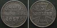 Oberbefehlshaber Ost RUSSIA German Occupation WWI. 3 Kopeks 1916 A, iron AU -