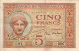 Madagascar 5 Francs 1937 P.35 VF 238.47 元 含税 ＋  200.81 元 运费