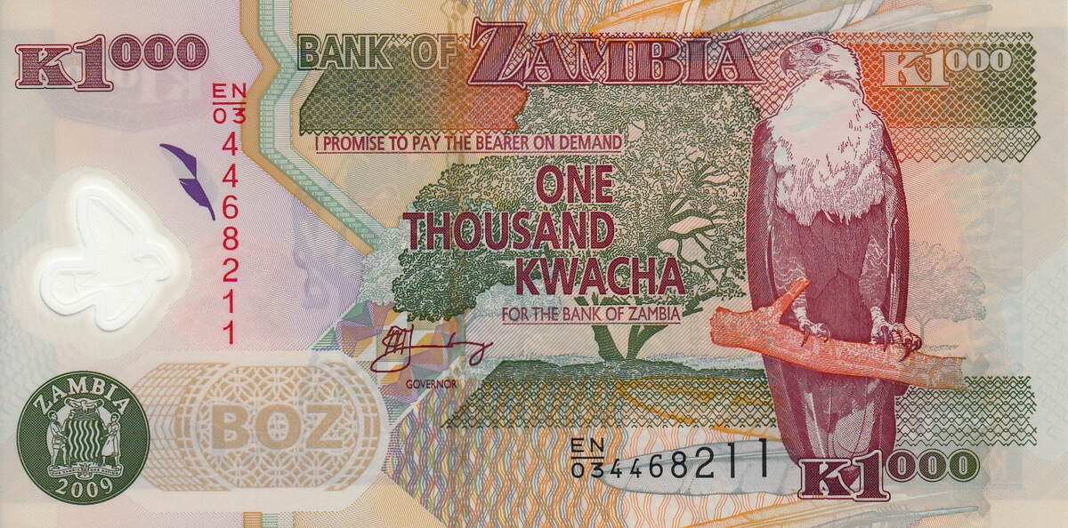 000 kwacha(plastic) 2009 zambia bird p44f unc
