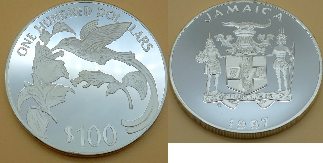 100 dollars 1987 jamaika kolibri proof, gekapselt
