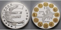 Deutschland 40 mm Ø Silbermedaille 10 Jahre Euro teilvergoldet mit Zertifikat -