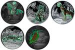 Österreich 3 Euro x 5 Stück Tier-Taler-Serie Fledermaus, Tiger, Krokodil, Eisvogel, Wolf, <b>5 Münzen,</b> -