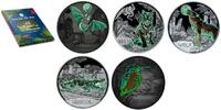 Österreich 3 Euro x 5 Stück, & farbiges Buch, Tier-Taler-Serie Fledermaus, Tiger, Krokodil, Eisvogel, Wolf, <b> 5 Münzen + Buch,</b> -