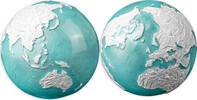 Barbados 5 Dollar<br>eisblauer Emaille/alpinweißer Färbung BLUE MARBLE Earth Frozen Spherical Silber im luxuriösen Box, RAR! -